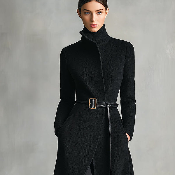 Cappotto lungo con collo alto ed elegante cintura in lana
