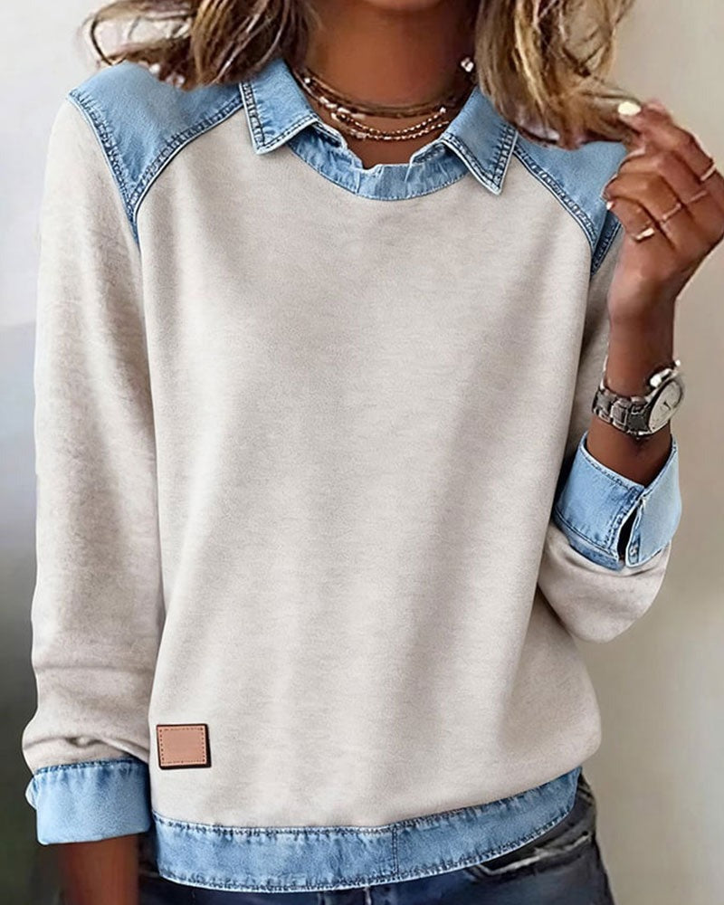 Maglione con colletto polo e dettagli in denim