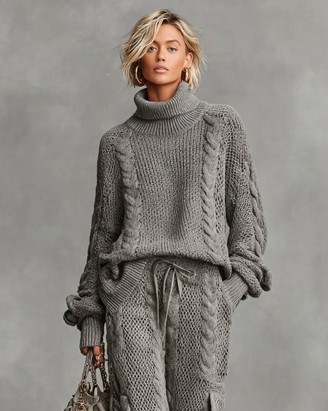 Completo pantalone cargo e maglione a collo alto in maglia intrecciata