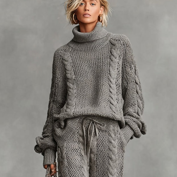 Completo pantalone cargo e maglione a collo alto in maglia intrecciata