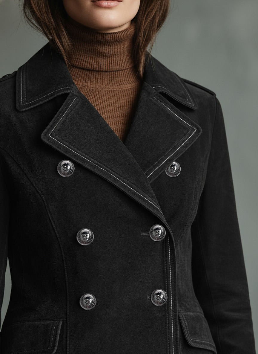 Giacca retrò incrociata da donna in finta pelle scamosciata