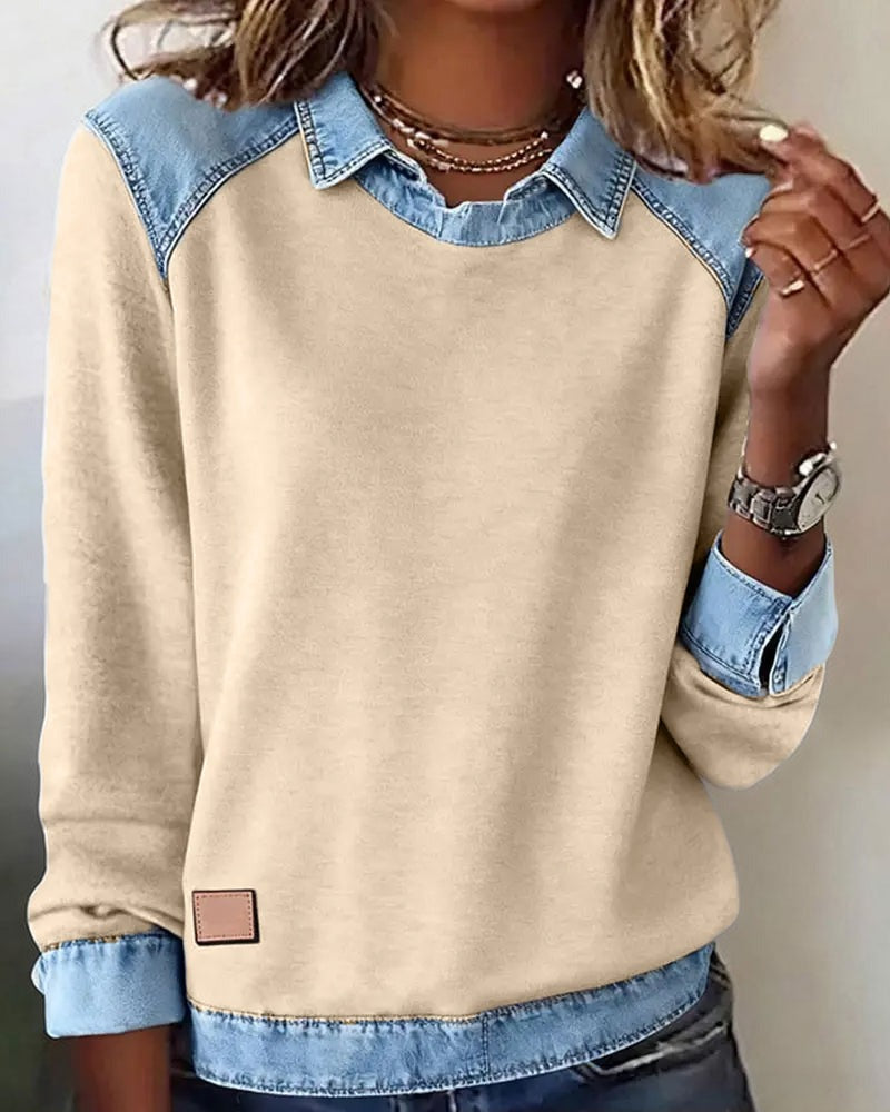 Maglione con colletto polo e dettagli in denim