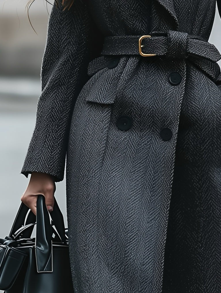 Elegante cappotto di media lunghezza con motivo scuro e revers a punta