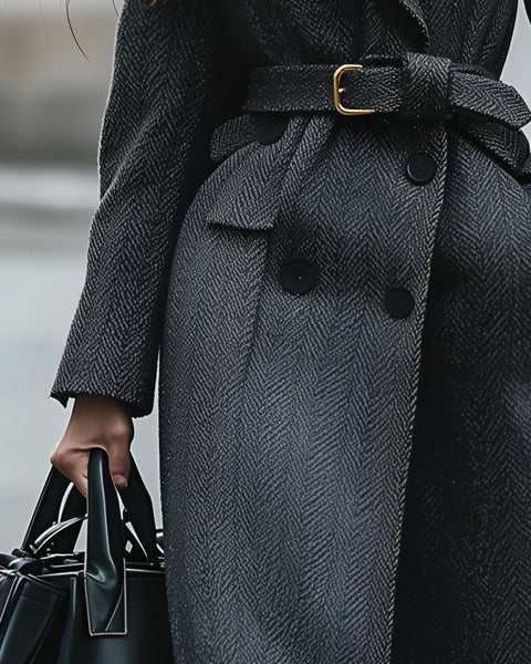 Elegante cappotto di media lunghezza con motivo scuro e revers a punta