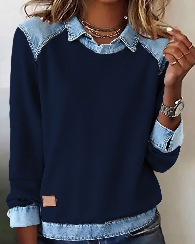 Maglione con colletto polo e dettagli in denim
