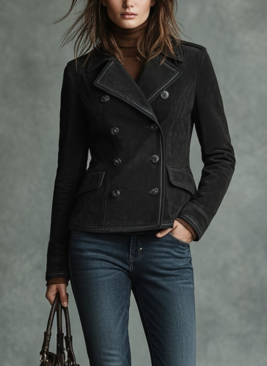 Giacca retrò incrociata da donna in finta pelle scamosciata