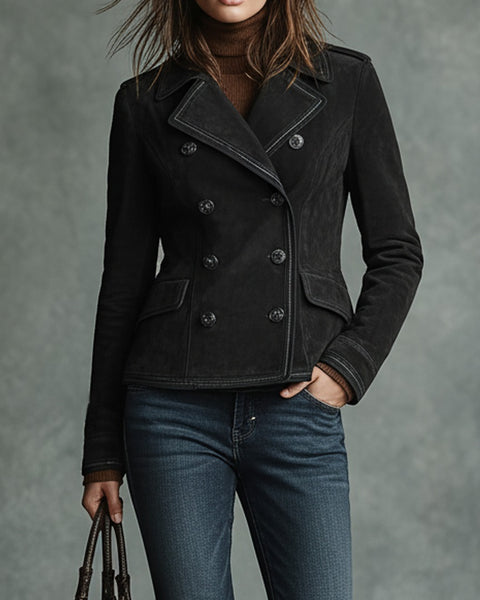 Giacca retrò incrociata da donna in finta pelle scamosciata