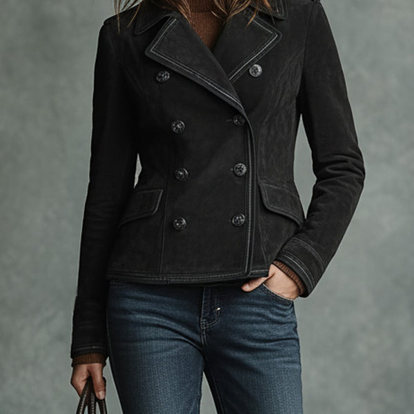 Giacca retrò incrociata da donna in finta pelle scamosciata