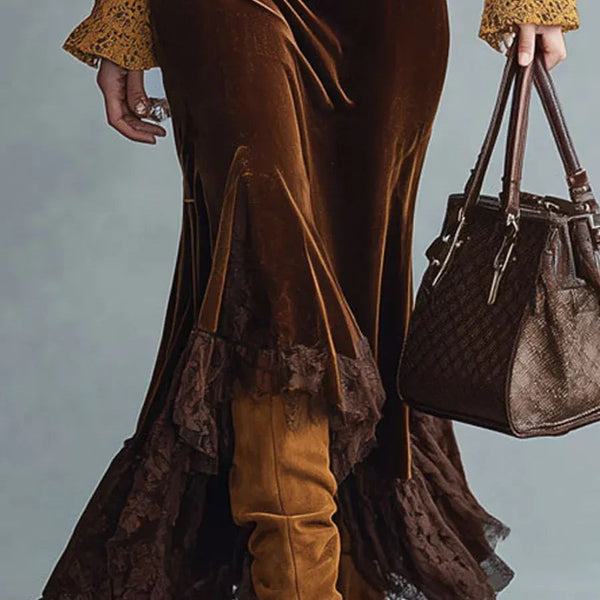 Abito in pizzo e velluto marrone