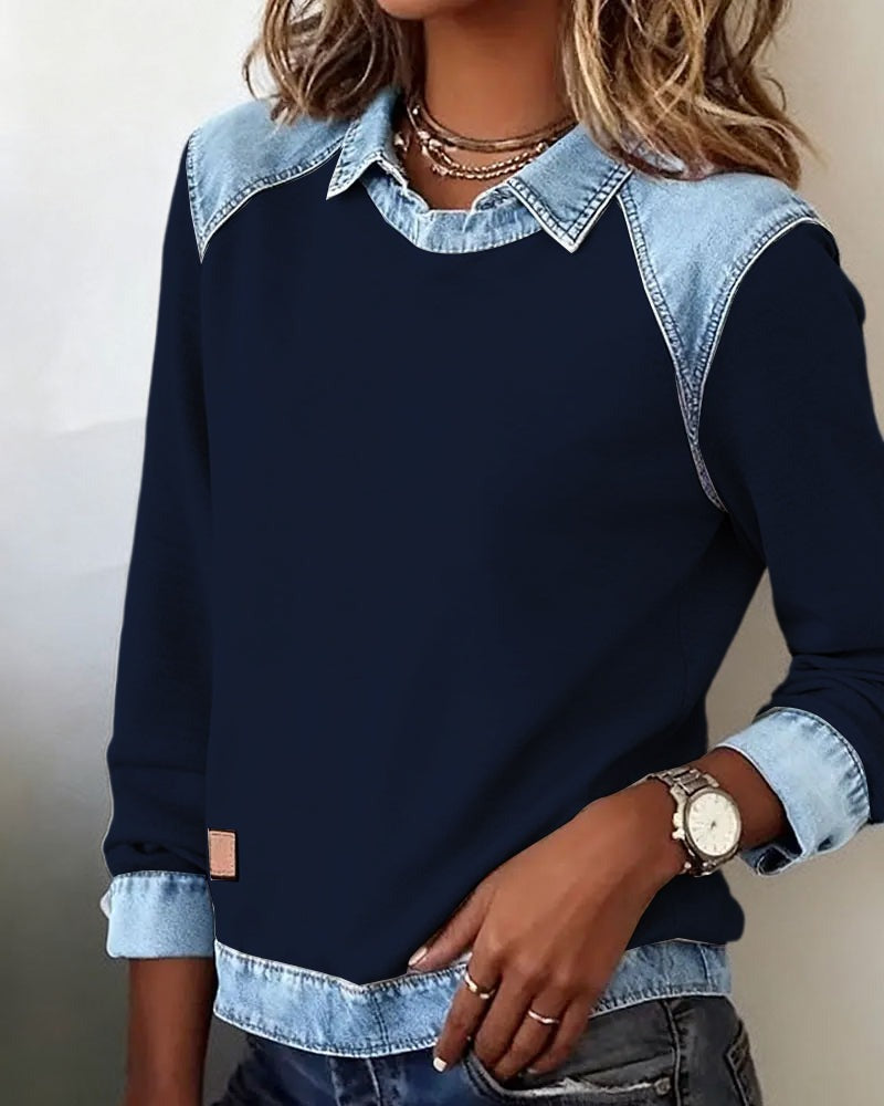 Maglione con colletto polo e dettagli in denim