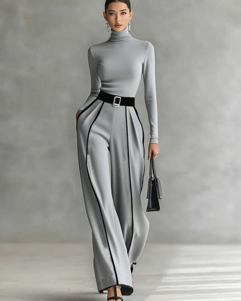 Completo due pezzi da donna con maglia a collo alto e pantaloni larghi con cintura