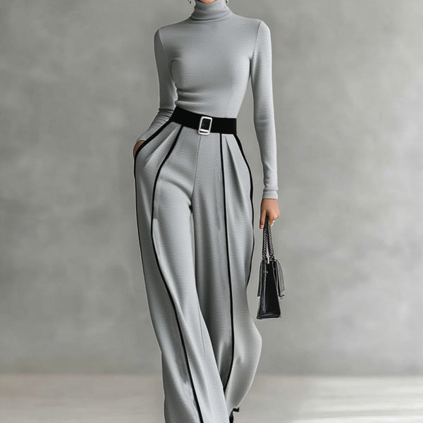 Completo due pezzi da donna con maglia a collo alto e pantaloni larghi con cintura