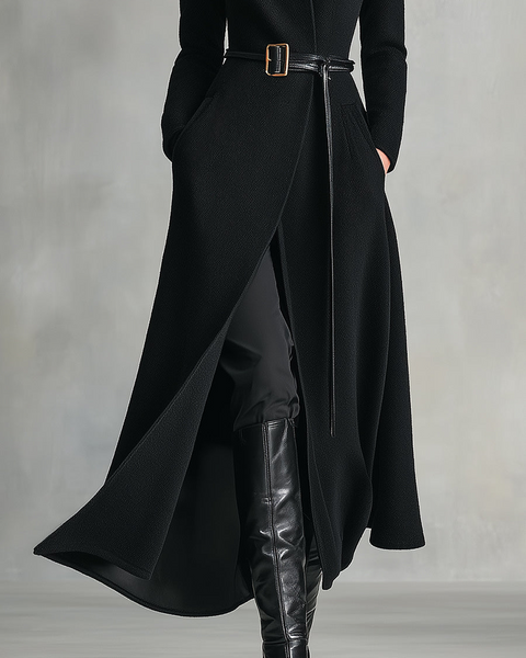 Cappotto lungo con collo alto ed elegante cintura in lana