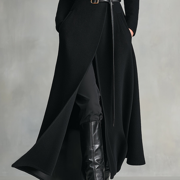 Cappotto lungo con collo alto ed elegante cintura in lana