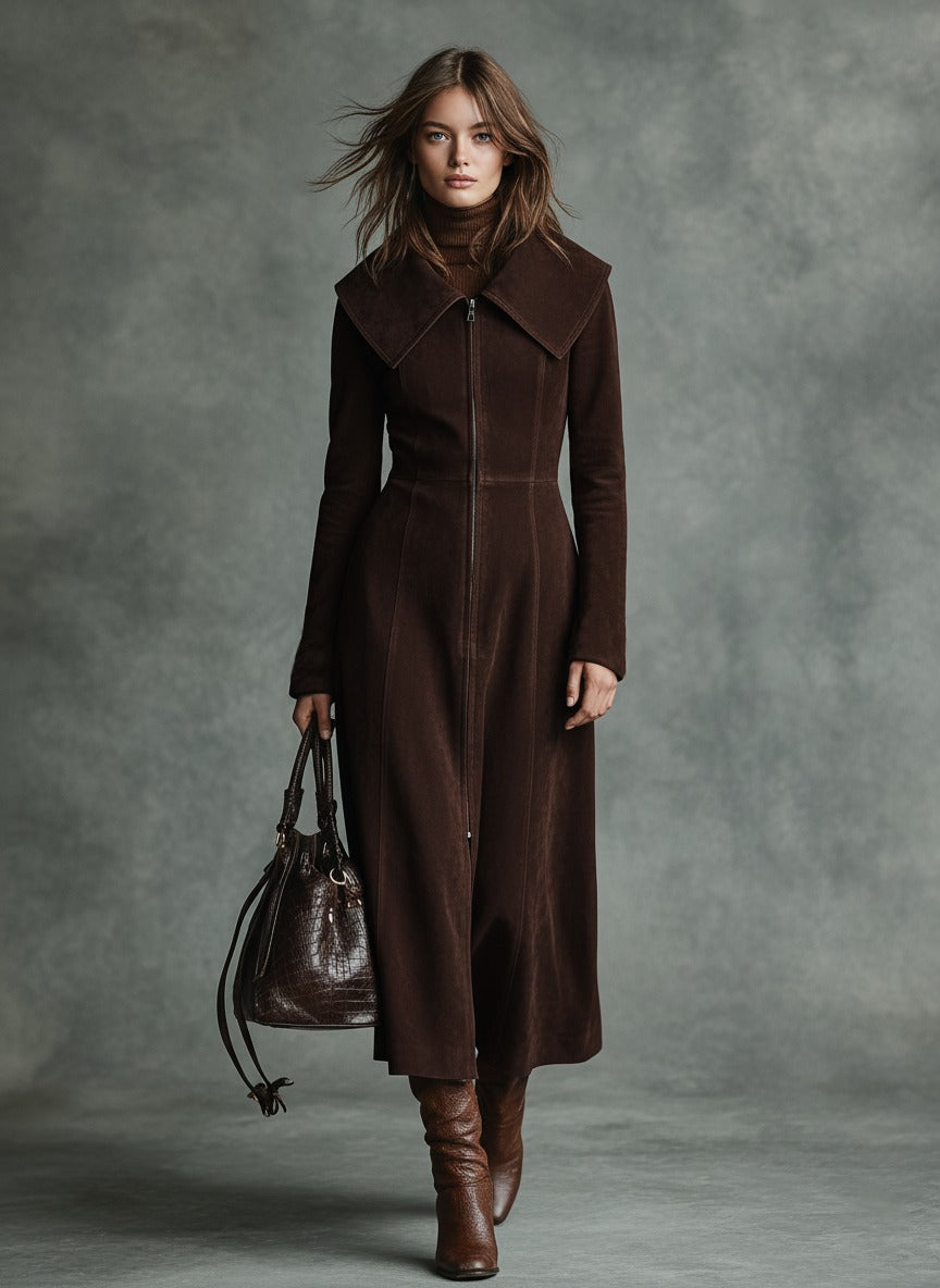 Cappotto minimalista da donna in finta pelle scamosciata