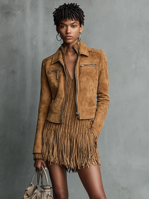 Giacca corta in pelle scamosciata con risvolto e chiusura lampo