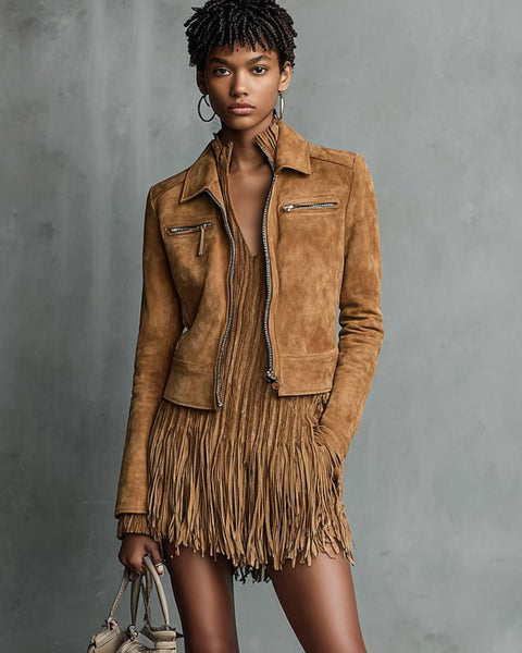 Giacca corta in pelle scamosciata con risvolto e chiusura lampo