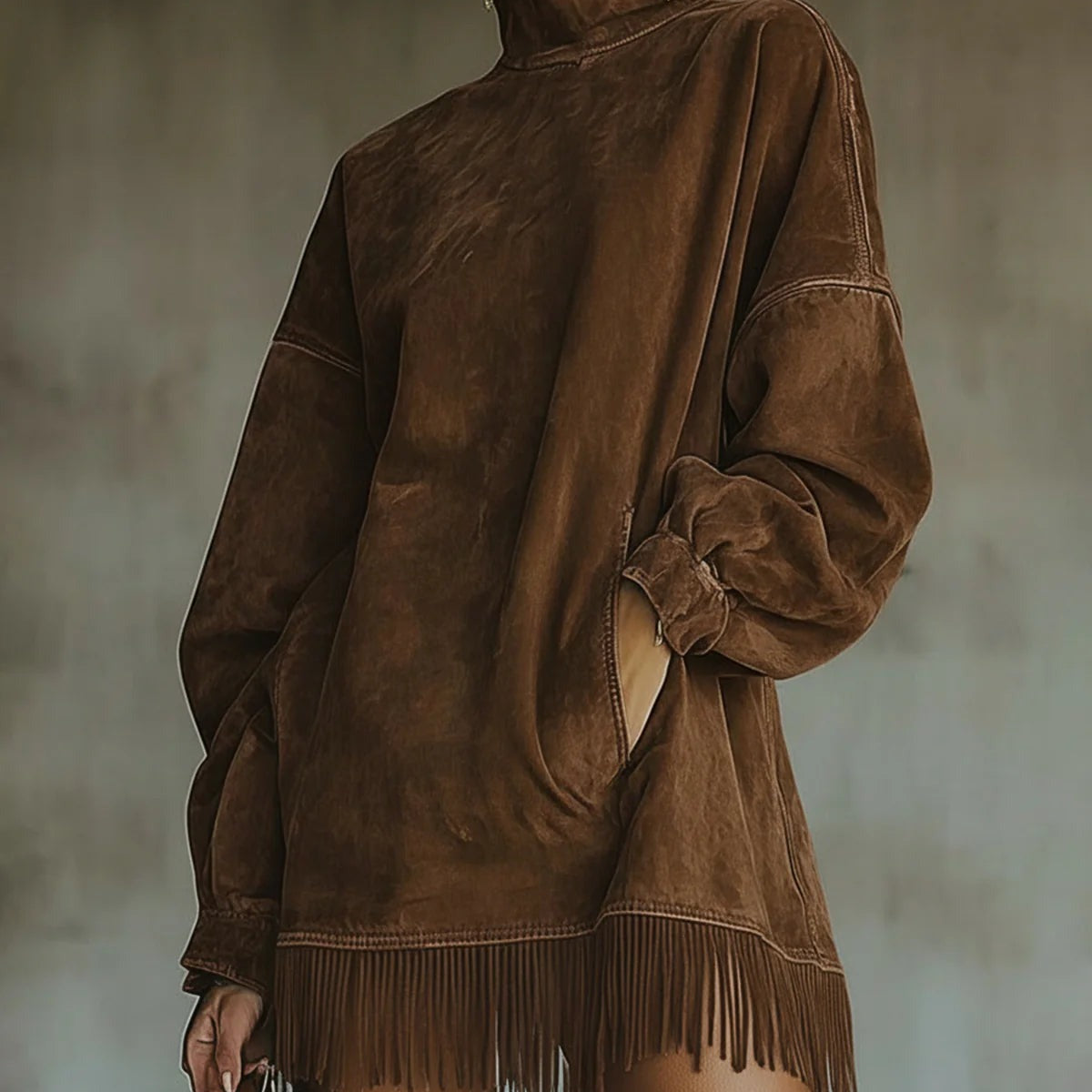 Abito dolcevita in finta pelle scamosciata con orlo sfrangiato