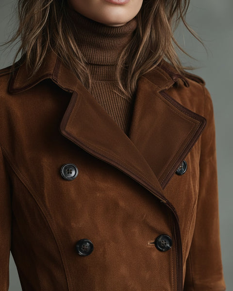 Cappotto lungo doppiopetto con rever e bordatura in pelle scamosciata