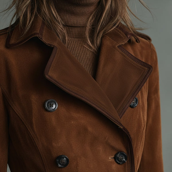 Cappotto lungo doppiopetto con rever e bordatura in pelle scamosciata