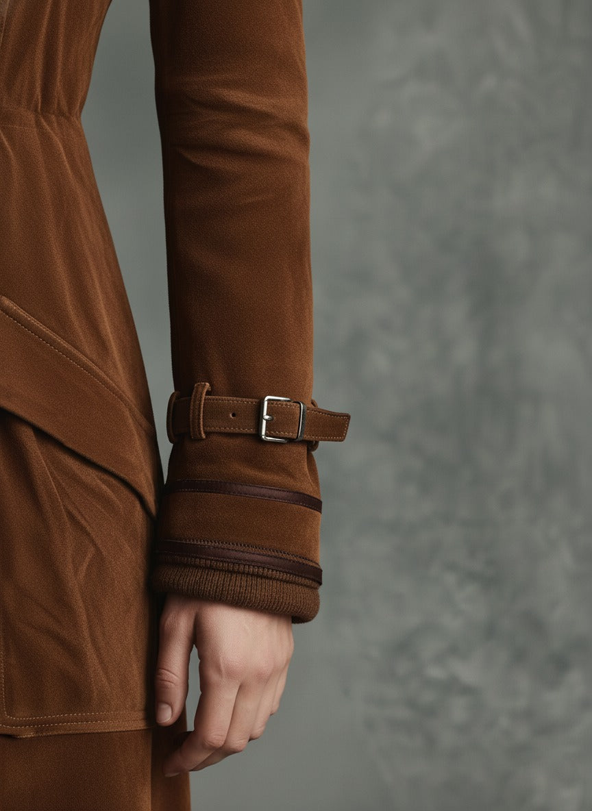 Cappotto lungo doppiopetto con rever e bordatura in pelle scamosciata