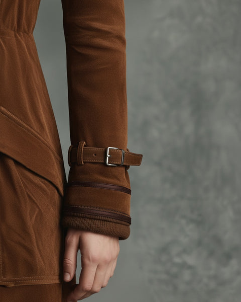 Cappotto lungo doppiopetto con rever e bordatura in pelle scamosciata