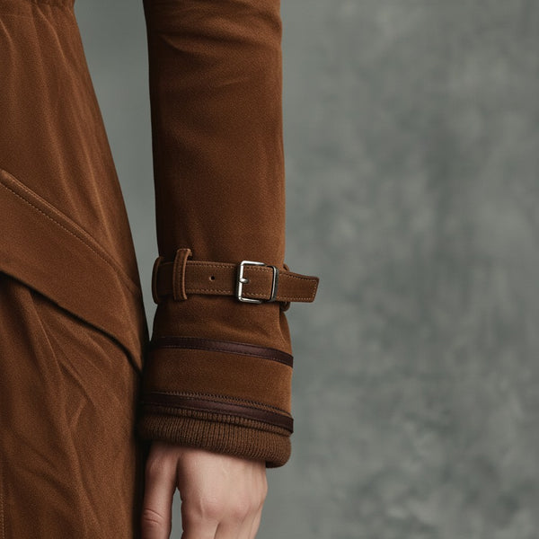 Cappotto lungo doppiopetto con rever e bordatura in pelle scamosciata