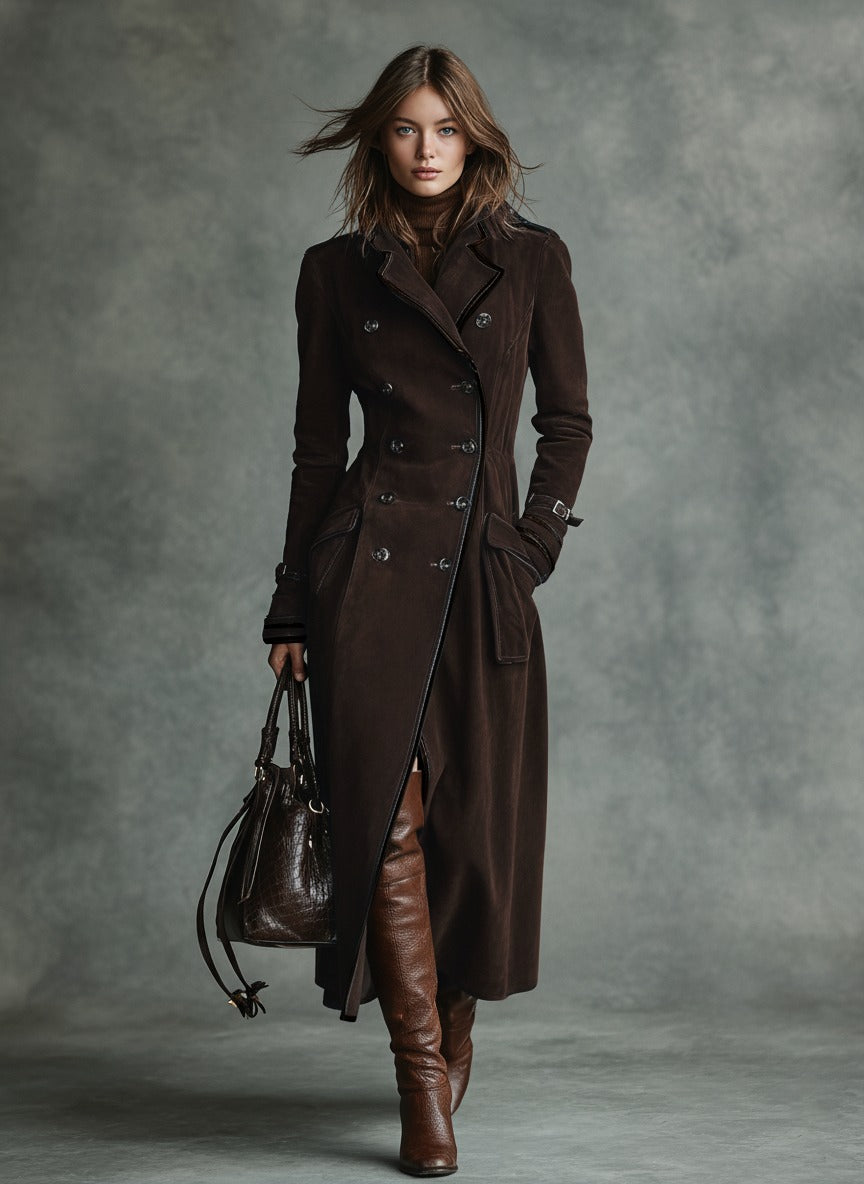 Cappotto lungo doppiopetto con rever e bordatura in pelle scamosciata