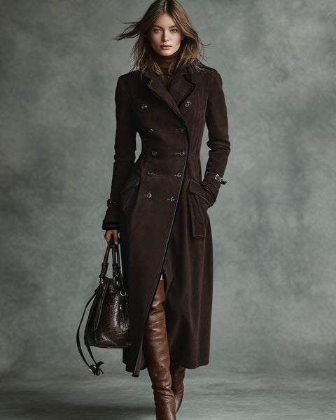 Cappotto lungo doppiopetto con rever e bordatura in pelle scamosciata