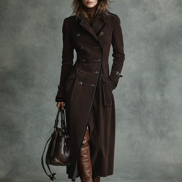 Cappotto lungo doppiopetto con rever e bordatura in pelle scamosciata