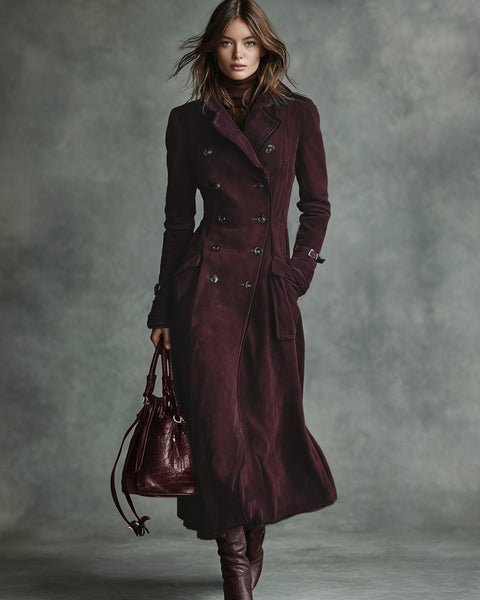 Cappotto lungo doppiopetto con rever e bordatura in pelle scamosciata