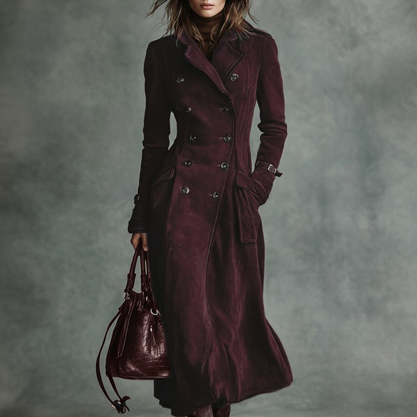 Cappotto lungo doppiopetto con rever e bordatura in pelle scamosciata