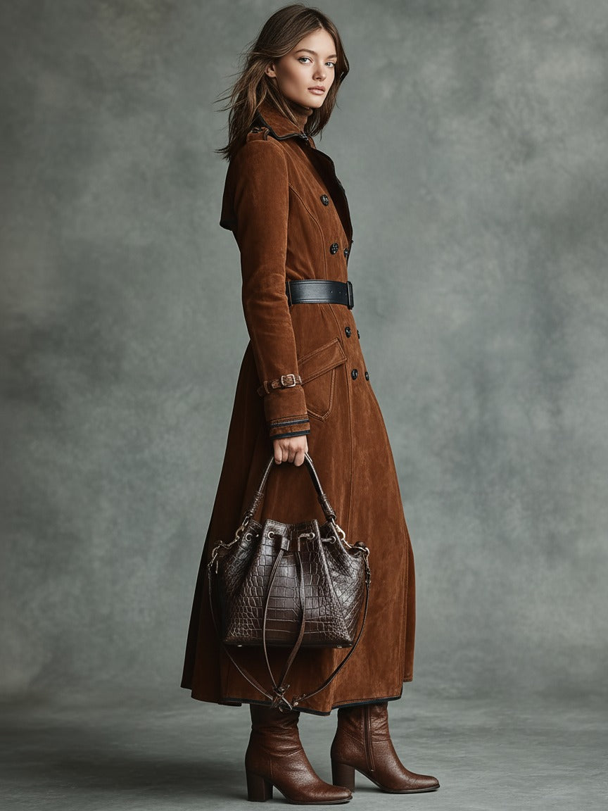 Cappotto lungo doppiopetto con rever e bordatura in pelle scamosciata