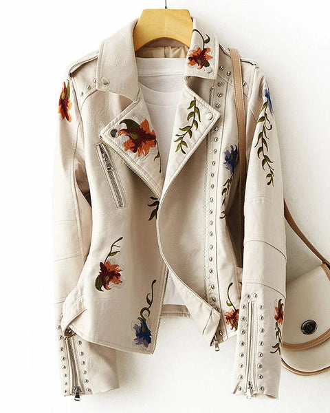 Giacca in pelle con stampa floreale