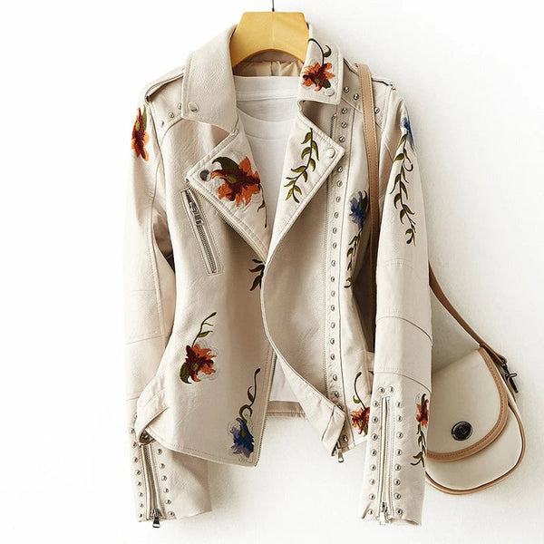 Giacca in pelle con stampa floreale