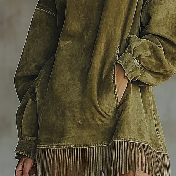 Abito dolcevita in finta pelle scamosciata con orlo sfrangiato