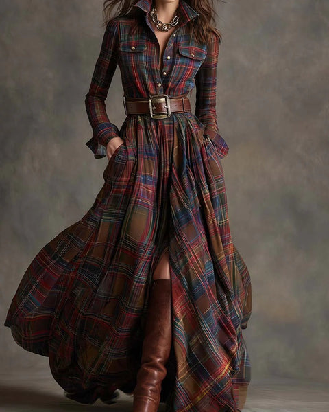 abito lungo retrò con risvolti e quadri