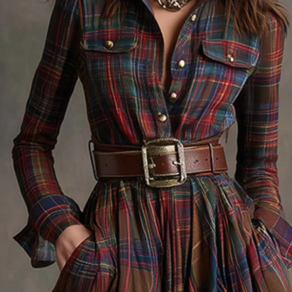 abito lungo retrò con risvolti e quadri