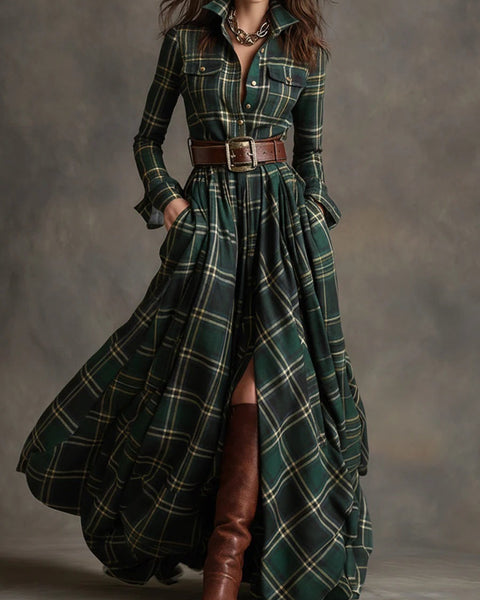 abito lungo retrò con risvolti e quadri