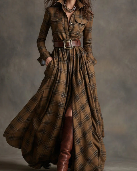 abito lungo retrò con risvolti e quadri