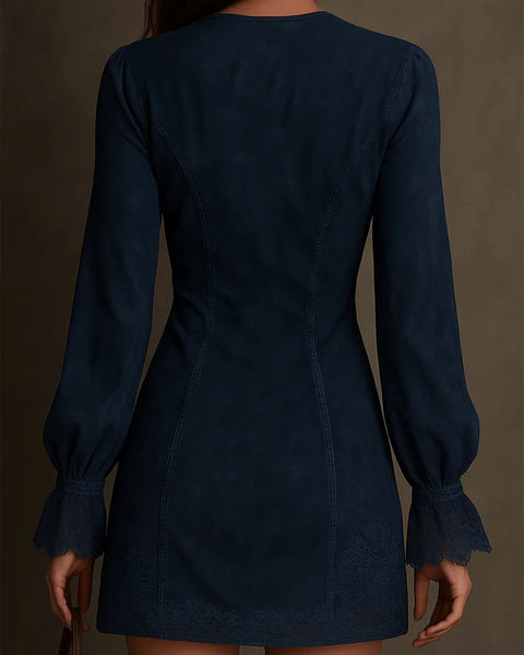 Mini abito vintage in pelle scamosciata con finiture in pizzo