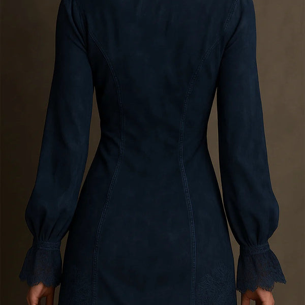 Mini abito vintage in pelle scamosciata con finiture in pizzo