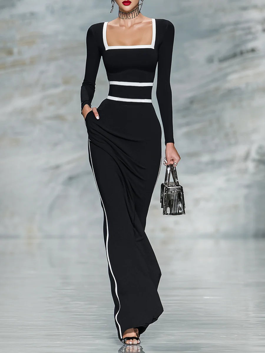 Abito lungo aderente con maniche lunghe