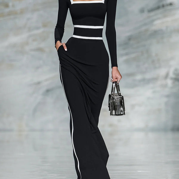 Abito lungo aderente con maniche lunghe