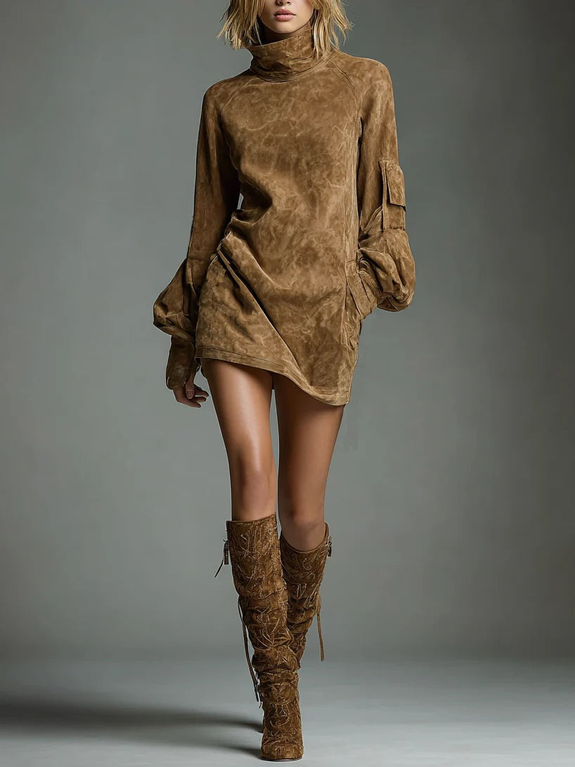 Abito ampio in pelle scamosciata con collo alto