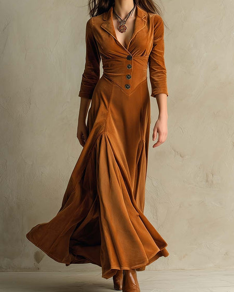 Abito lungo in velluto marrone