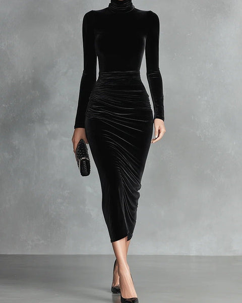 Abito aderente elegante in velluto nero con collo alto