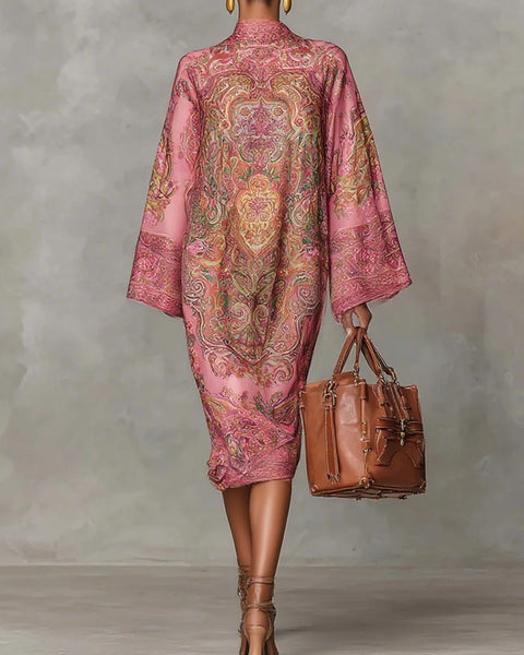 Abito ampio con maniche svasate e stampa floreale rosa