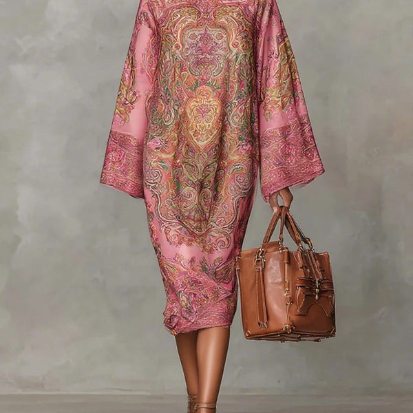 Abito ampio con maniche svasate e stampa floreale rosa