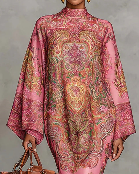 Abito ampio con maniche svasate e stampa floreale rosa